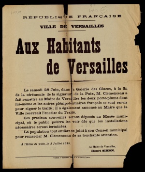 Affiche « aux habitants de Versailles », 3 juillet 1919 - Archives départementales des Yvelines cote 103J25