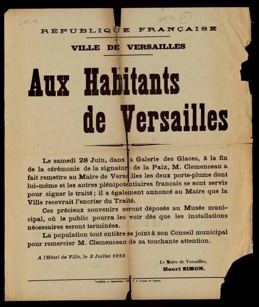 Fichier:Affiche « aux habitants de Versailles », 3 juillet 1919.jpg